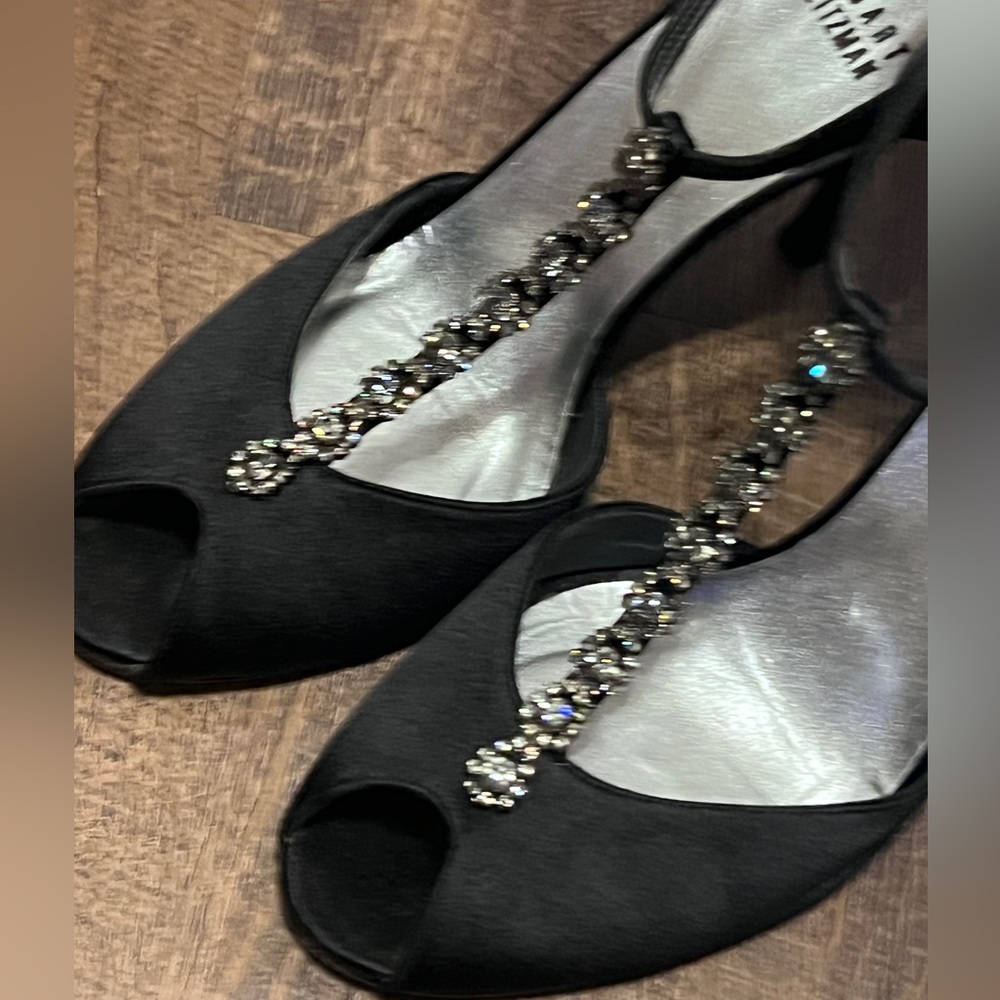 Stuart Weitzman Black T-Strap with Rhinestones Heel